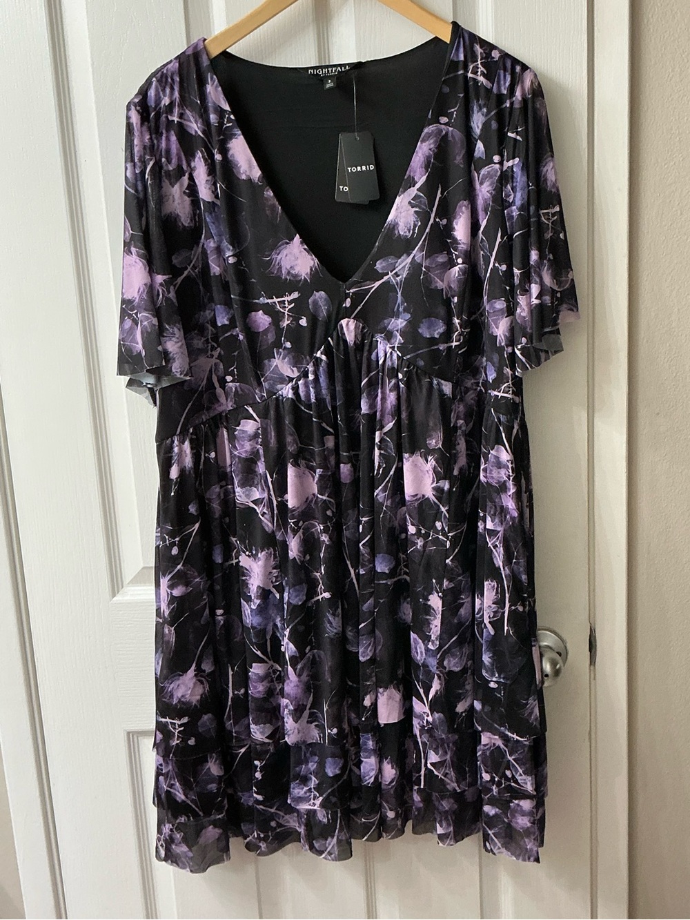 Torrid Black and Lavender Floral V-Neck Babydoll Dress
